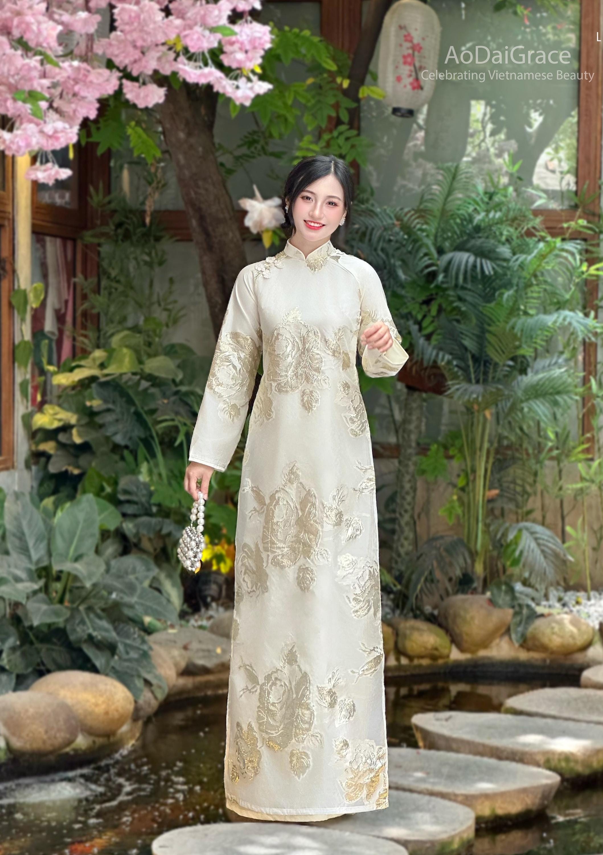 Cream Floral Ao Dai Top No Pants | Shiny Floral Vietnamese Dress 