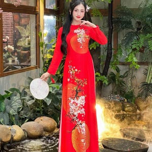 Elegant Floral Ao Dai No Pants | Floral Vietnamese Dress | Áo Dài Họa Tiết Hoa | Lunar New Year C7