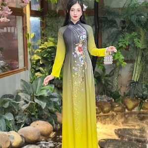 Elegant Yellow Floral Ao Dai No Pants | Yellow Floral Vietnamese Dress | Áo Dài Họa Tiết Hoa | Lunar New Year E6