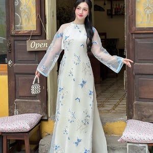 Blue Lace Ao Dai Top: Vietnamese Modernized Dress (No Pants)