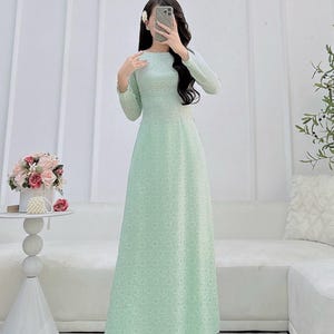 Mint Daisy Traditional Ao Dai Gấm No Pants |  Red Women Ao Dai | Áo Dài Truyền Thống | Lunar New Year | Tet J12