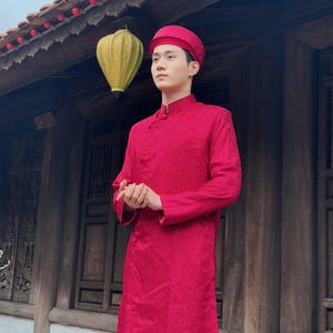 Red Vietnamese Men&#39;s Ao Dai | Red Gam Men Ao Dai | Traditional Vietnamese Ao Dai for Men  Aó Dài Nam  F11