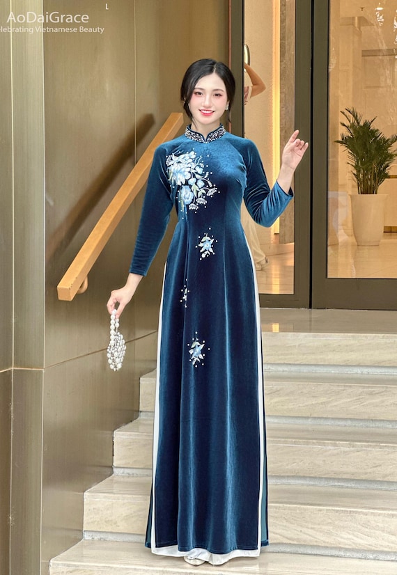Elegant Blue Velvet Ao Dai: Floral Embroidered Vietnamese Dress - Etsy