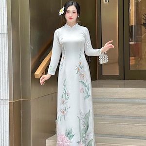 Elegant Ao Dai with Floral Embellishments and Crystals | Floral Whisper in White Ao Dai |White Traditional Vietnamese Ao Dai | No Pants A50