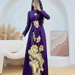 Embroidered Lotus Crystal & Pearl Áo Dài: Ruby Silk Vietnamese Dress
