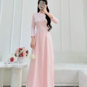 Light Pink Floral Brocade Ao Dai Set - Traditional Vietnamese Dress