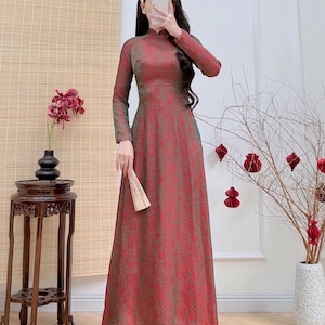 Floral Antique Olive Ruby Traditional Áo Dài (No Pants) | Vietnamese Dress | Tết Outfit
