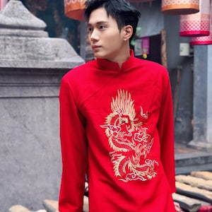 Vietnamese Men&#39;s Ao Dai | Men Ao Dai with Red Dragon Embroidery | Traditional Vietnamese Ao Dai for Men F7