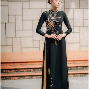 Traditional Vietnamese Ao Dai with Gold Flowers Beaded | Áo Dài Truyền Thống Đính Hoa Cườm Vàng E25