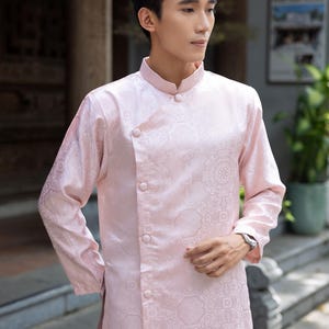 Pink Gam Fabric Ao Dai Top for Men | Vietnamese Traditional Dress