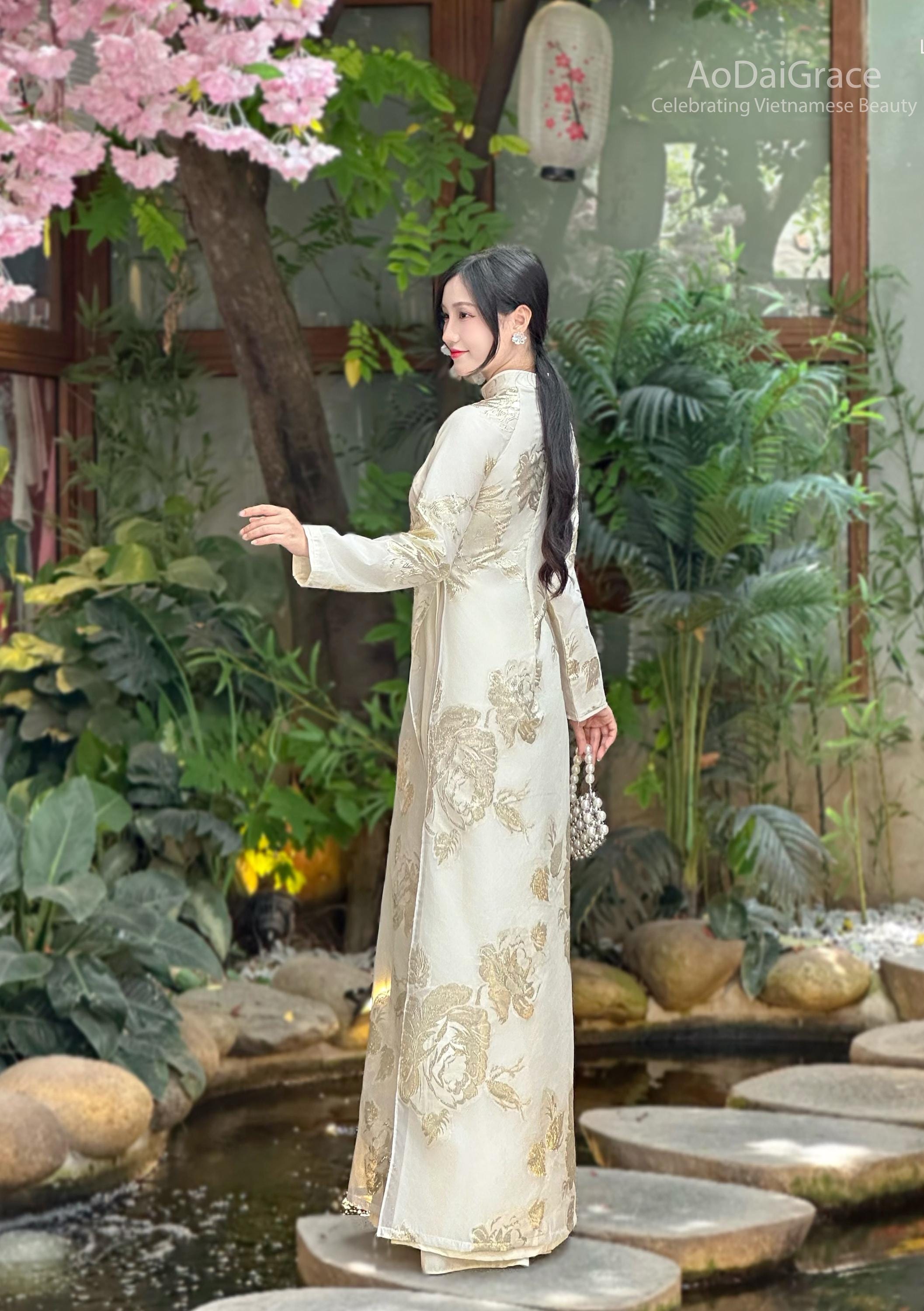 Cream Floral Ao Dai Top No Pants | Shiny Floral Vietnamese Dress 