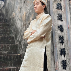 Beige Vietnamese Men&#39;s Ao Dai | Beige Gam Men Ao Dai | Traditional Vietnamese Ao Dai for Men  Aó Dài Nam  F7