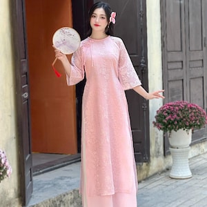 Vestido moderno vietnamita Ao Dai con bordado floral rosa/Vestido vietnamita modernizado sin pantalones/Ao Dai vietnamita para mujer/Ao Dai moderno para mujer I3