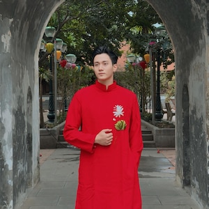 Red Lotus Hand Embroidered Vietnamese Men&#39;s Ao Dai | Red Men Ao Dai | Traditional Vietnamese Ao Dai for Men  Aó Dài Nam  F11