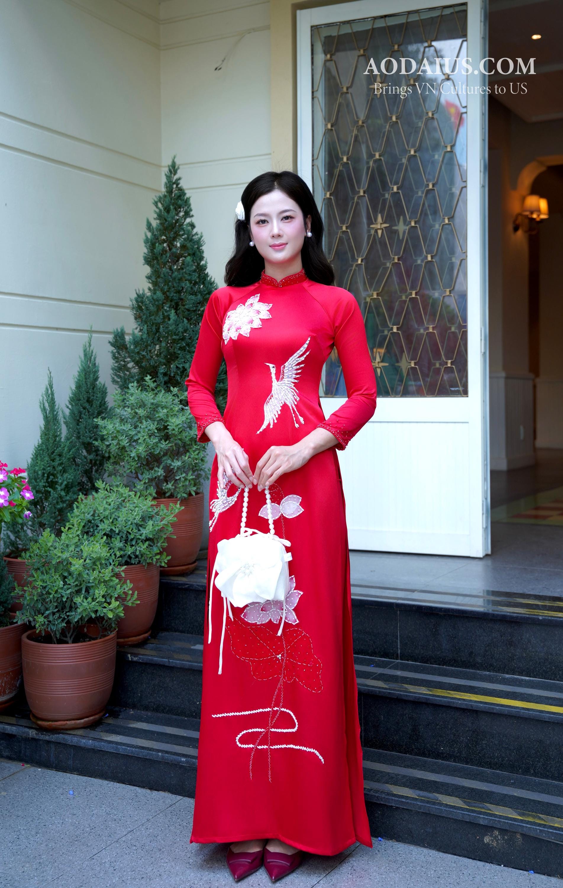 vietnamese engagement dress Red Bridal Ao Dai: Wedding with Crystal & Pearl Cranes Color:Navy Burnout Velvet NA-09.03.25AM or weight for kids Maija Women's Simple Solid Marriage
