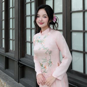 Pink Floral Embroidered Ao Dai Set: Vietnamese Traditional Dress