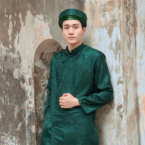 Green Vietnamese Men&#39;s Ao Dai | Green Gam Men Ao Dai | Traditional Vietnamese Ao Dai for Men  Aó Dài Nam  F11