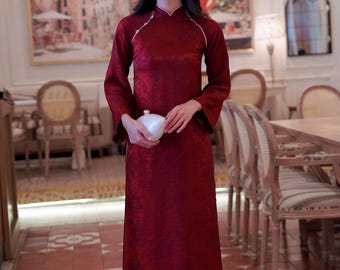 Red Floral Ao Dai | Vietnamese Modern Dress | Tết Outfit | H40