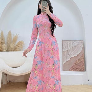 Pink Leaf Traditional Ao Dai Set | Traditional Vietnamese Ao Dai | Women Vietnamese Ao Dai | Lunar New Year D31