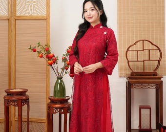 Crimson Lace Grace Mother Daughter Matching Vietnamese Ao Dai | Family Áo Dài Set O23