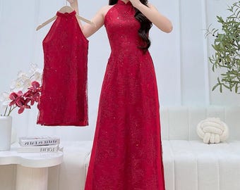 Red Lace Vietnamese Áo Dài Yếm Halter Set | Matching Mother Daughter Outfit