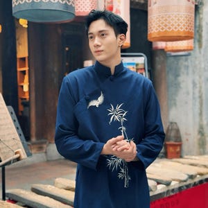 Vietnamese Men&#39;s Ao Dai | Nam Truc Men Ao Dai with Crane & Bamboo Embroidery | Traditional Vietnamese Ao Dai for Men F7