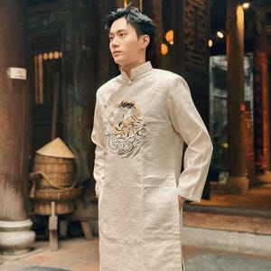 Vietnamese Men&#39;s Ao Dai | Moonlit Crane Embroidery Men Ao Dai | Traditional Vietnamese Ao Dai for Men  Aó Dài Chim Hạc Dưới Ánh Trăng  F7