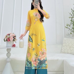 Modern Yellow Chiffon Ao Dai Set: Vietnamese Lunar New Year