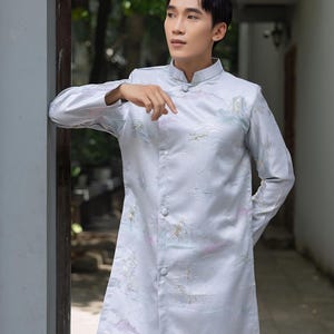 Blue Taffeta Men&#39;s Ao Dai Top | Vietnamese New Year Dress