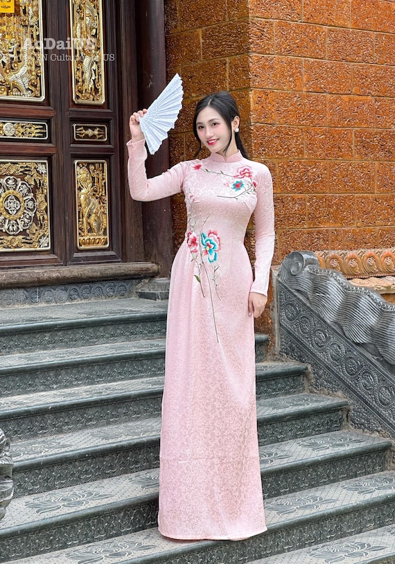 Floral Embroidered Silk Ao Dai: Vietnamese Traditional Dress