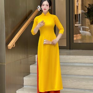 Plain Yellow Ao Dai Set Beaded with Pearls | Modern Vietnamese Ao Dai | Lunar New Year D43