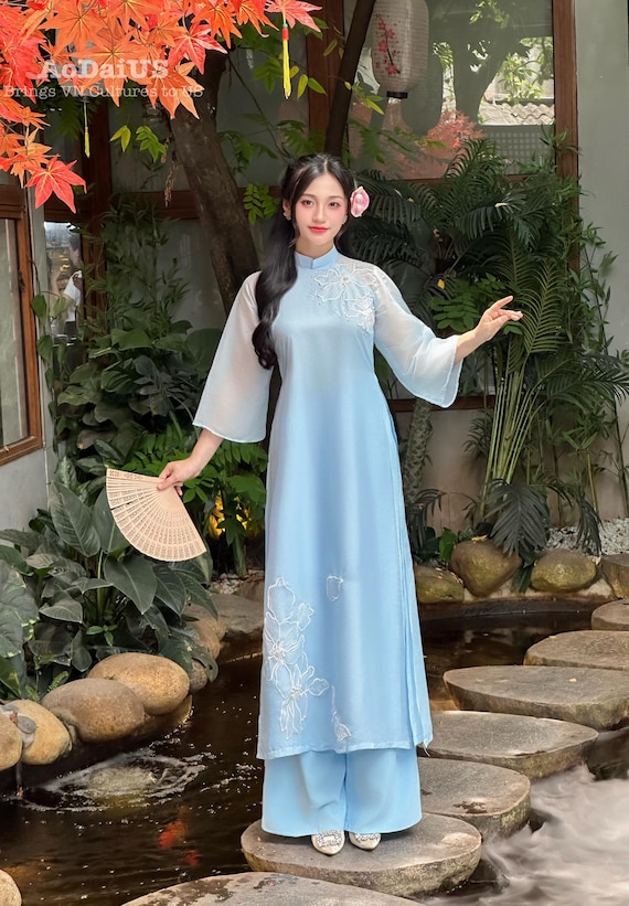 blue vietnamese dress Modern Chiffon Ao Dai Set: Lunar New Year Outfit Color:black-swatch Midi-length Mother's Day Collection - Color will be slightly