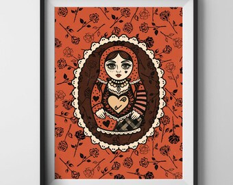 Punk Tattooed Matryoshka Doll Folk Art Print | Digital Download Wall Art