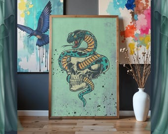 Snake & Skull Tattoo Wall Art Print | Dark Vintage Digital Download
