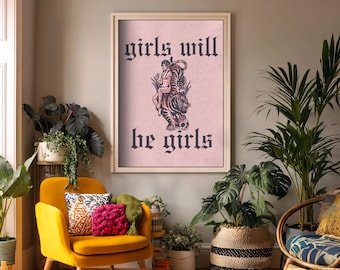 Pink Girls Will Be Girls Tiger Flash Tattoo Style Print | Digital Download Wall Art