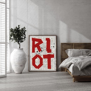 Red Tape RIOT Digital Art, Feminist Downloadable, Bold Typography, Vintage Punk Riot Grrrl Decor Newspaper Texture Y2K Gallery Wall, Sapphic