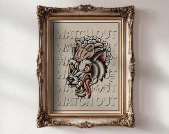 Wolf in Sheep's Clothing Traditional Tattoo Print | Digital Download Wall Art