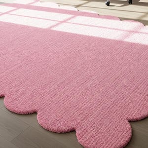 Pink Solid Scalloped  Area Rug , Solid Wool Tufted Rug For Livingroom Bedroom Kitchen Nursery Entryway Office 5X8 8X10 9X12 10X14 Custom Rug
