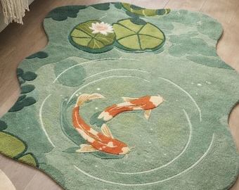 Hand Tufted Koi Fish Pond Rug, Handmade Irregular Wool Area Rug for Living Room, Hallway and Bedroom Japanese Inspired Floor Carpet