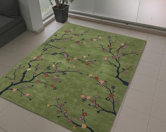 Green Area rugs, Vintage Floral Rug, Hand Tufted Floral Rug, Neutral Living Room Rug, Custom Size Cassia Rug