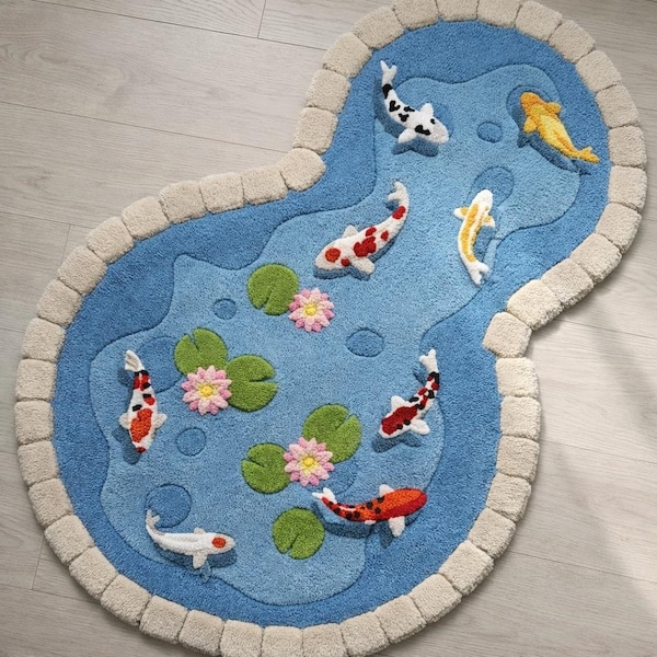 Tapis touffeté main en forme de carpe koï – Tapis en laine irrégulier fait main pour le salon, la chambre à coucher et la chambre d'enfant | Tailles personnalisées