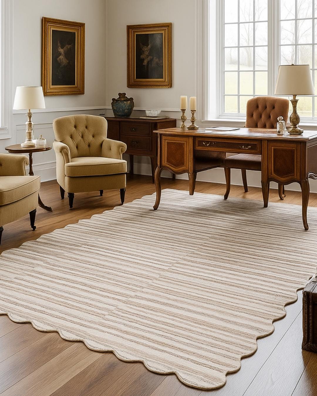 Wool Scalloped Edge Area Rug: Beige & Cream Stripes, Hand-tufted - Etsy