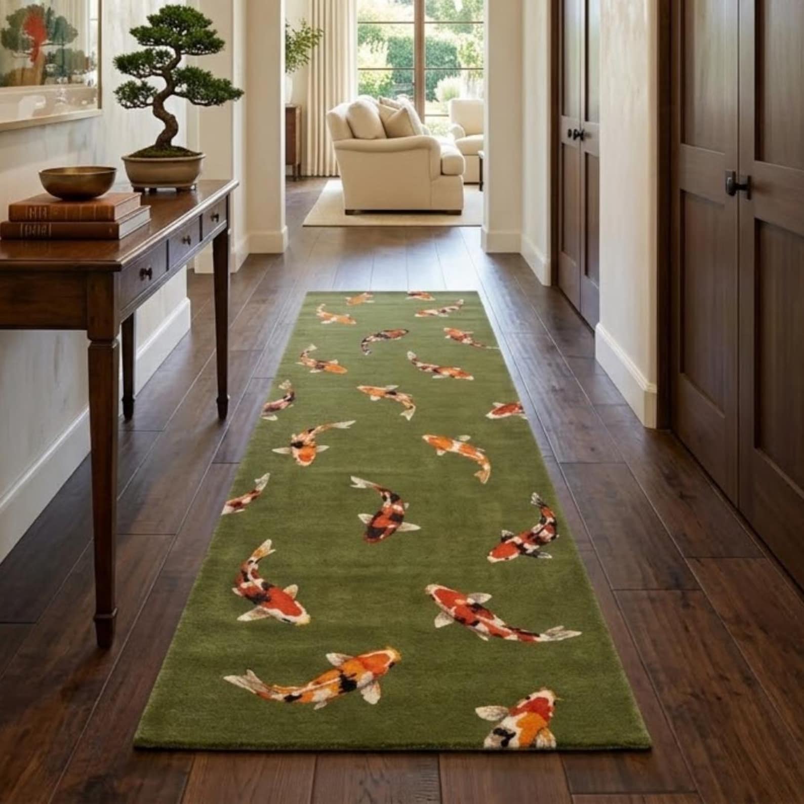 Fish Tuft Rug Green Fish Runner Rug, Hand-tufted Wool Runner, Coastal Koi Fish Runner ...
