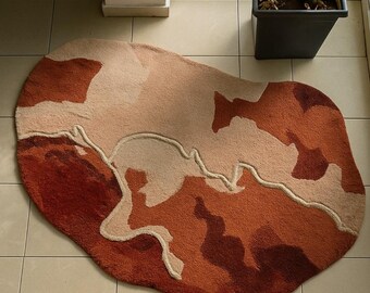 Rust Irregular Rug, Wavy Abstract Rug, Terracotta Modern Rug, Retro Wavy Rug, Organic Shape Area Rug