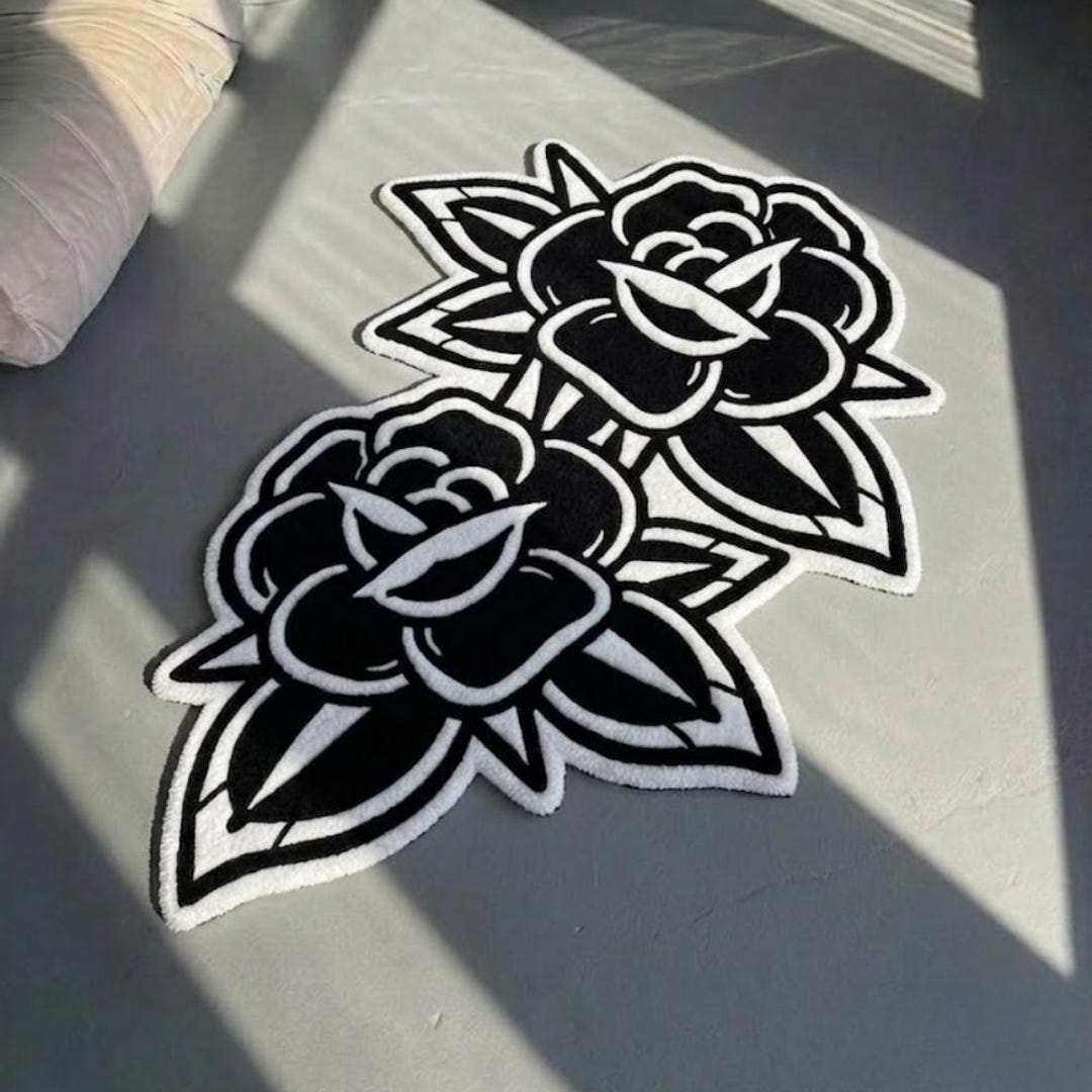 Tatto Rug Black Rose Tattoo Rug, Traditional Tattoo Rug, Gothic Rug , Hand Tufted ...