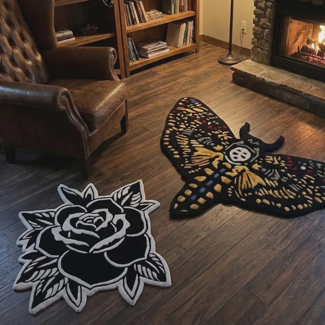 Death Head Moth Rug, Black Rose Gothic Rug, Tufted Area Rug, Tattoo Rug ...