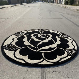 May include: A circular rug with a black rose design and off-white detailing, placed on an asphalt road. The rug's floral pattern is a bold graphic, with the black and off-white contrasting against the grey road surface. The rug's design is a striking contrast.