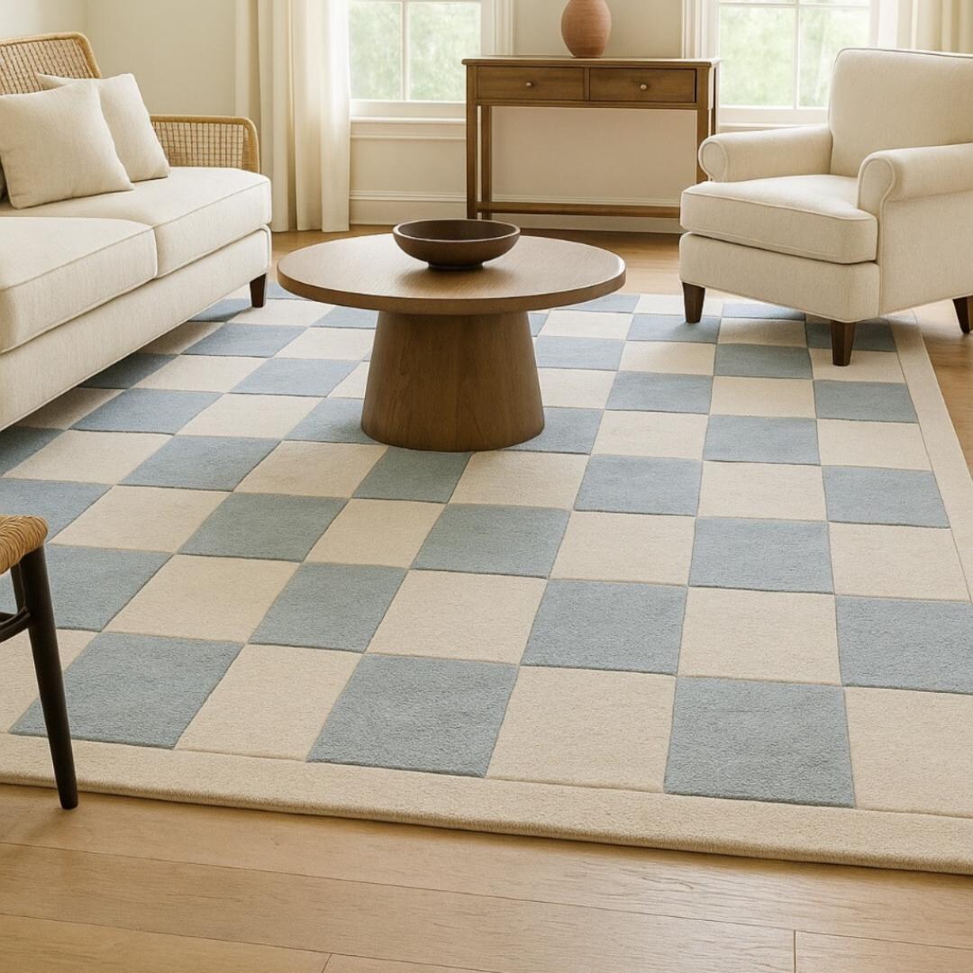 Checkerboard Wool Area Rug in Soft Blue and Cream, Handmade Modern ...