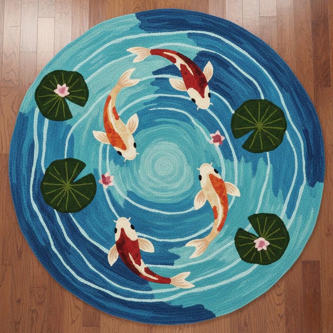 Hand Tufted Koi Fish Rug – Japanese Fish Carpet , Round Wool Area Rug ...