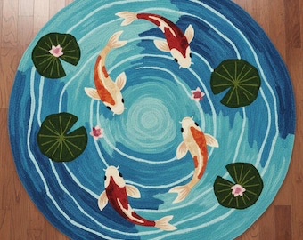 Hand Tufted Koi Fish Rug – Japanese Fish Carpet , Round Wool Area Rug, Koi fish Pond Carpet, Custom Living Room Rug